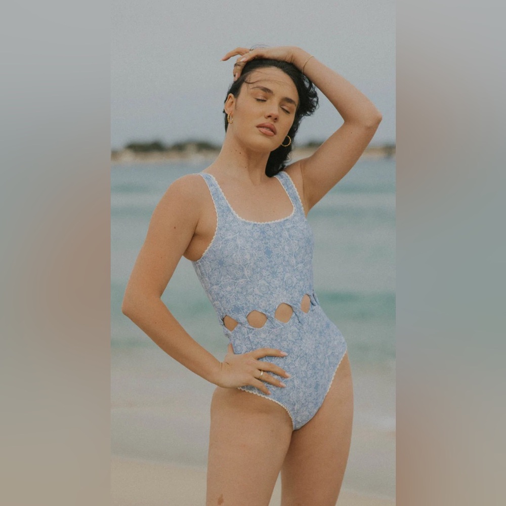 Light Blue Floral Cutout One-Piece Swimsuit